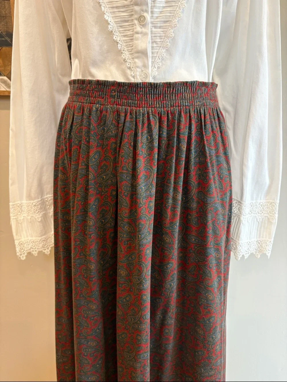 Vintage Ralph Lauren Blue Label 90s Cotton Stretch Paisley Midi Skirt Medium - Picture 4 of 12